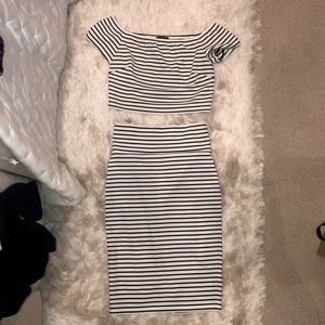 Bebe Black & White Striped Crop Top & Skirt Set